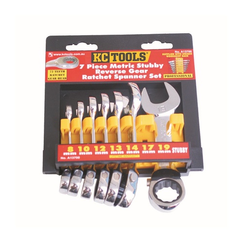 KC Tools 7pc 8mm - 19mm Reverse Gear Stubby Ratchet Wrench Spanner Set