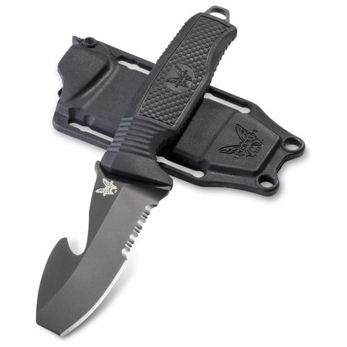 Benchmade 112 H2O Black Serrated Fixed Blade Dive Rescue Knife with Rescue Hook