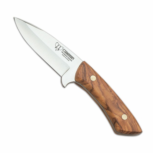 Cudeman 135-L Olive Wood Handle Satin Steel Skinning Knife with Leather Sheath