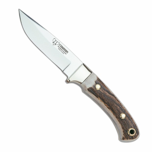 Cudeman 150-C Stag Horn Handle Satin Fixed Blade Hunting Knife with Leather Sheath