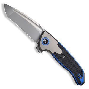 WE Knife Press Check Tanto Frame Lock Folding Knife | Black & Blue / Satin