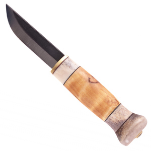 Wood Jewel 23P 5.7cm Curly Birch Reindeer Horn Steel Fixed Blade Knife & Sheath