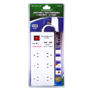 Ultracharge 6-Way Surge Protected Board with 2x USB - White