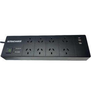 Ultracharge 8-Way Surge Protected Board with 2x USB | Black